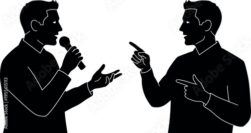 Two Men Silhouette Illustration Engaging in Debate with Microphone and Hand Gestures for Public Speaking Interview and Professional Business Communication