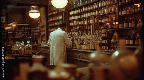 A pharmacist in a vintage apothecary is organizing numerous bottles and jars on wooden shelves in a dimly lit, old-fashioned pharmacy.