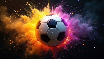 Soccer ball explodes with bright orange yellow and purple powder clouds. Dynamic sport abstract graphic creates motion excitement and powerful energy burst effect. Festive celebration theme.