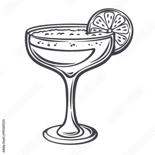 Daiquiri cocktail in coupe glass with foamy citrus drink and lime slice in monochrome outline. Bar menu, summer drink card and cocktail design with daiquiri, vector illustration