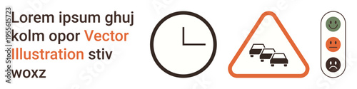 Traffic management, time tracking, road safety, urban planning, efficiency, transportation systems. Clock symbol, traffic warning sign traffic signal with emotions. Traffic management and time