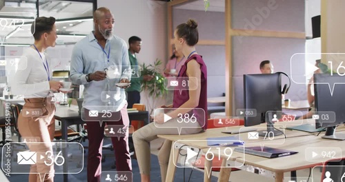 Animation of notification bars over diverse coworkers discussing while drinking tea in office