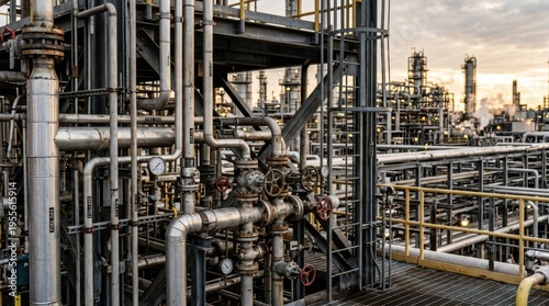 Industrial Pipeline Complex with Metal Pipes and Equipment at Sunset