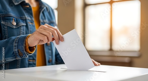 Person inserting white envelope into voting box indoors with natural light