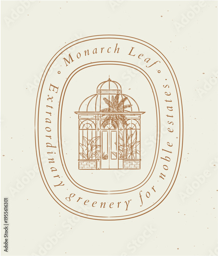 Greenhouse label with text monarch leaf extraordinary greenery for noble estates drawing in graphic art style with beige on light background