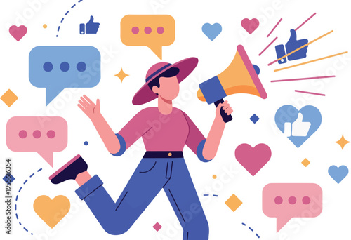 Social Media Marketing and Promotion Concept with Megaphone and Engagement Icons