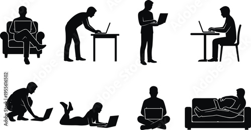People using laptops in various positions, remote work lifestyle digital technology concept isolated on white background