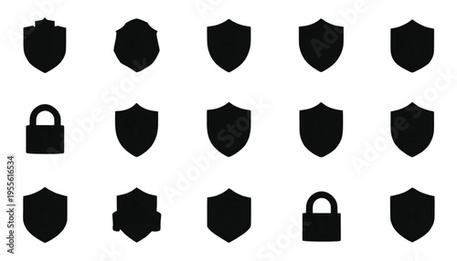 A symmetrical arrangement of black shield and padlock silhouette icons forms a secure pattern on white.