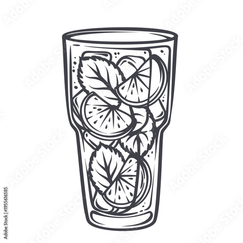 Mojito cocktail in tall glass with mint leaves, citrus slices and ice cubes in monochrome outline. Bar menu, summer drink card and cocktail design with mojito, vector illustration