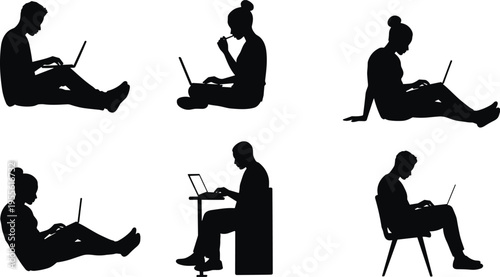 Silhouettes of people using laptops in various positions working studying and browsing representing remote work lifestyle isolated on white background