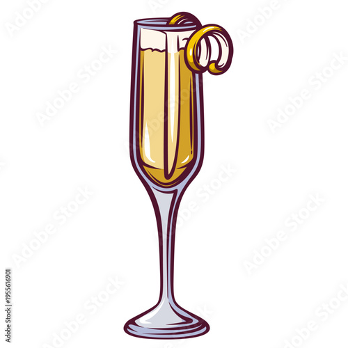 French 75 cocktail in flute glass with sparkling drink and lemon twist garnish in retro style. Bar menu, celebration drink card and cocktail design with French 75, vector illustration