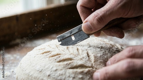 Tableau sur toile A hand using a razor blade tool to score a pattern into a round loaf of bread dough