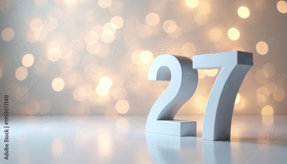 Obraz premium White 3D number 27 stands on reflective surface. Soft bokeh lights sparkle in background. Numeric symbol represents age, event, milestone, or date.