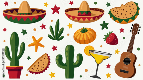Vibrant mexican fiesta elements with cactus sombreros tacos and drinks on white background
