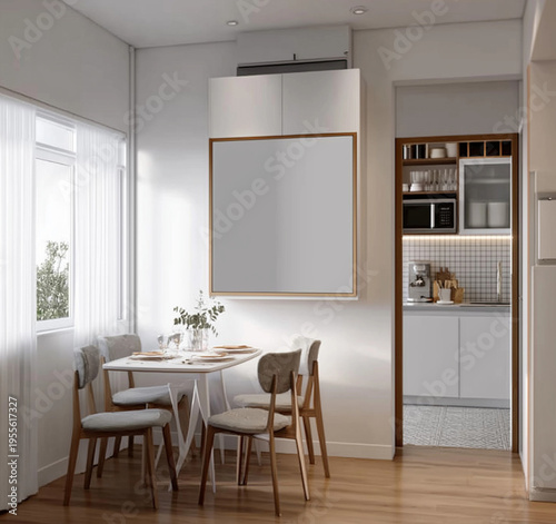 design of a single hanging cabinet in a white wall, interior design for a small dining room with a door to the kitchen, a square mirror above the cabinet, natural light from a window, and a wooden flo