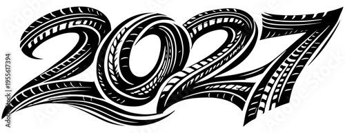 Bold hand-drawn 2027 numerals featuring tribal tattoo patterns in black and white. Decorative typographic artwork ideal for posters, posters, logos