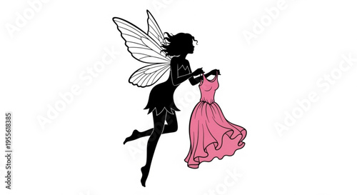 Whimsical Fairy Silhouette Holding a Pink Dress