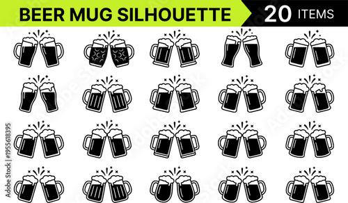 Beer mug set silhouette icon collection, Oktoberfest glass, pub drink symbols, black solid vector icons isolated on white background