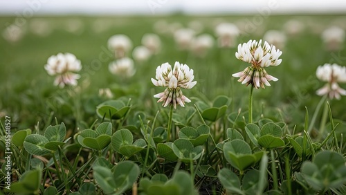Close-up of white clover flowers in lush green grass, soft focus background