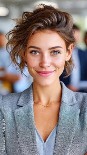 A woman stands in an office space smiling. She has short hair and is wearing a gray blazer with gold jewelry. People are visible in the background engaged in conversation