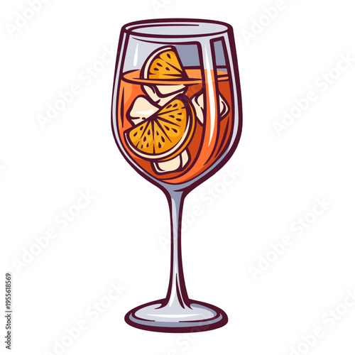 Aperol spritz cocktail in wine glass with ice cubes, orange slices and bright aperitif drink in retro style. Bar menu, summer drink card and cocktail design with aperol spritz, vector illustration