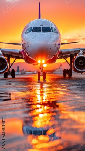 An airplane is on the runway as the sun sets in the background. Bright colors fill the sky while light reflects on the wet ground. The scene shows movement and preparation for flight