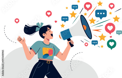 Young Woman with Megaphone Spreading Social Media Engagement and Digital Marketing Message