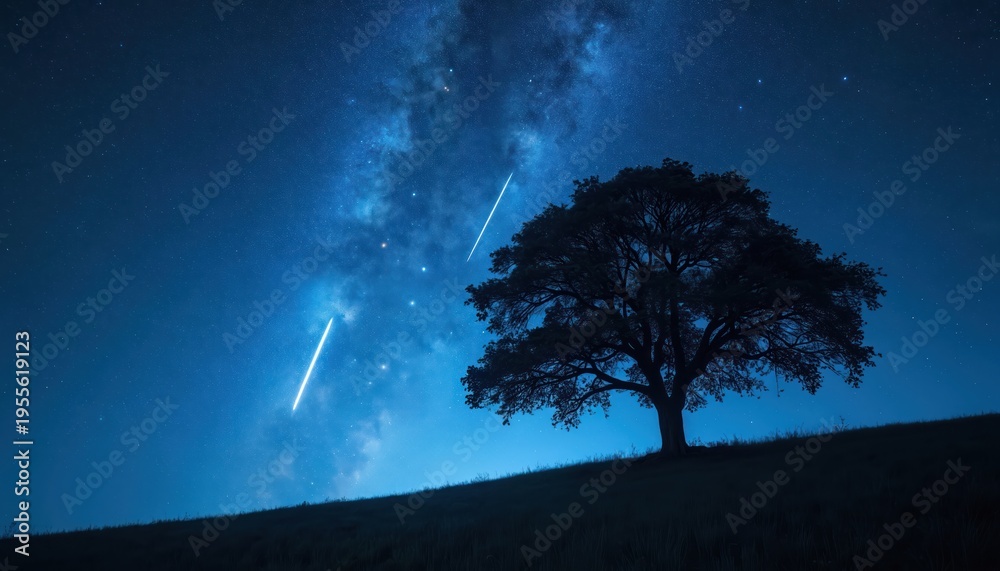Fototapeta premium Dark night sky filled with stars and two bright meteor streaks. Silhouette of a large tree stands on a grassy hill. Celestial event offers a natural wonder spectacle.