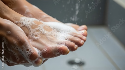 Close-up of hands gently washing foamy, sudsy feet, water splashing, soft, clean