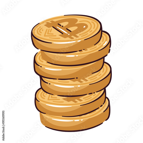 Stack of crypto coins with bitcoin symbols, layered round shapes and soft perspective. Digital finance, blockchain payment and investment design with stack of crypto coins, vector illustration