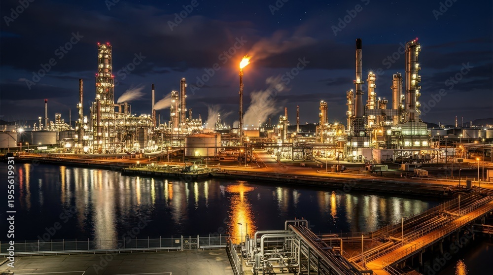 Obraz premium Nighttime Industrial Scene with Illuminated Refineries and Smoke