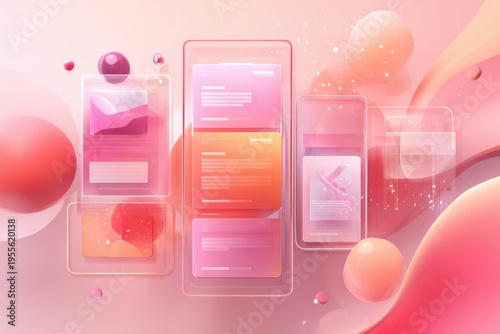 Modern abstract composition featuring translucent interface panels and geometric elements layered over a soft pink and peach gradient background, evoking a futuristic digital dashboard.