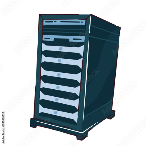 Server stack with layered hardware units, front indicators and cabinet frame for data processing. Cloud, blockchain and digital finance design with server stack, vector illustration