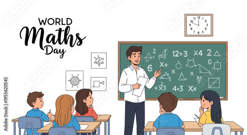 Illustration of a teacher explaining math concepts to students in a classroom on World Maths Day with a chalkboard full of equations and geometric shapes.