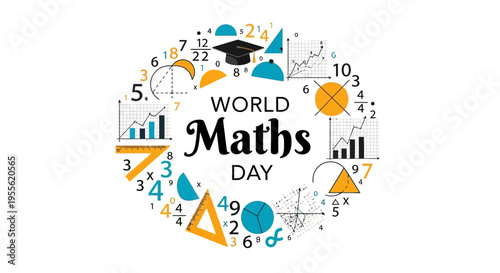 World Maths Day illustration with math symbols and geometric shapes on a white background, conveying a math education concept with a colorful and informative design.