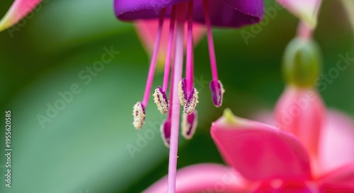 Close-up of a vibrant fuchsia flower displaying intricate details. Petals in pink and purple hues. Long stamens and pistils are visible, with green foliage blurring in the background. Natural light