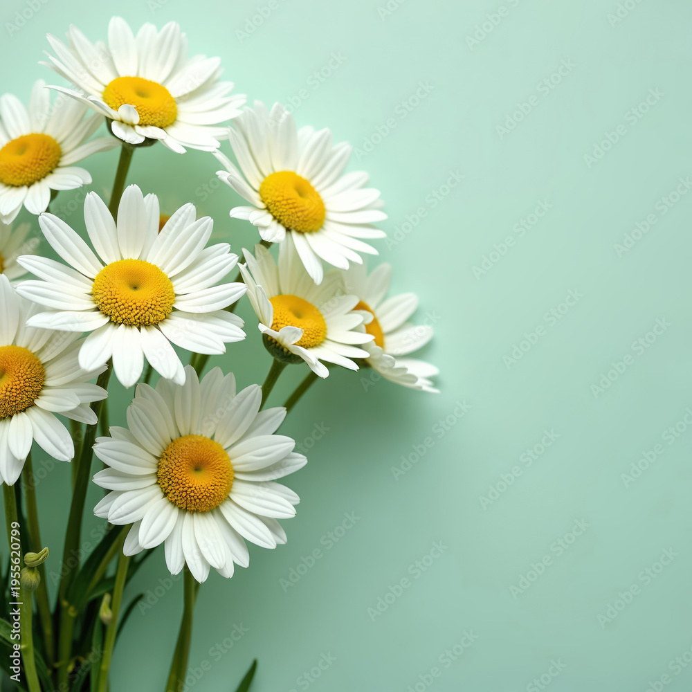Fototapeta premium Bouquet of white daisies with yellow centers on mint green background. Simple floral arrangement suggests spring, nature, and simple beauty. Perfect for decor design.