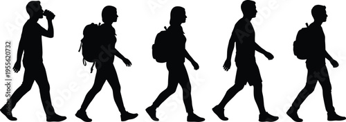 Hiker and backpacker walking silhouettes set with travelers carrying backpacks, outdoor adventure trekking people collection isolated illustration