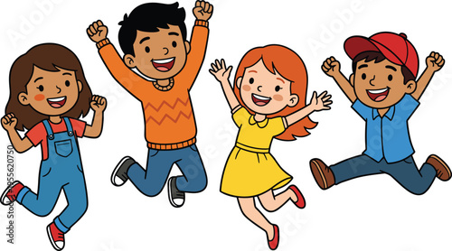 Happy jumping kids cartoon characters set with boys and girls celebrating, playful children illustration isolated on white background