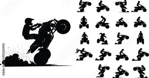 Black silhouette illustration of ATV riders performing wheelies, jumps, and stunts, dynamic off-road motorsport design for adventure, racing, and extreme sports concepts