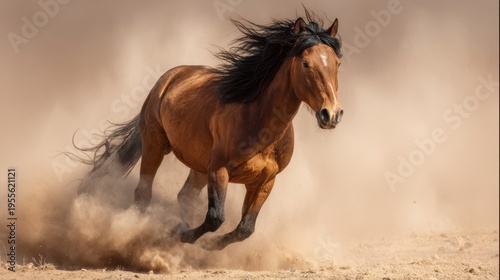 Powerful wild mustang running across arid desert terrain, kicking up dramatic dust clouds in iconic American West landscape.