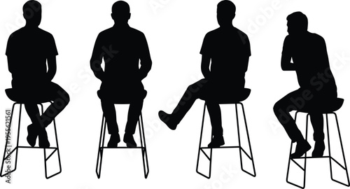 Man sitting on stool silhouette set showing different sitting poses isolated on white background, human posture reference illustration