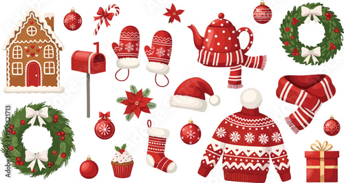 Collection of festive Christmas illustrations including gingerbread house, mittens, sweater, stocking, ornaments, wreaths, poinsettia, candy canes, and gift box for holiday design projects