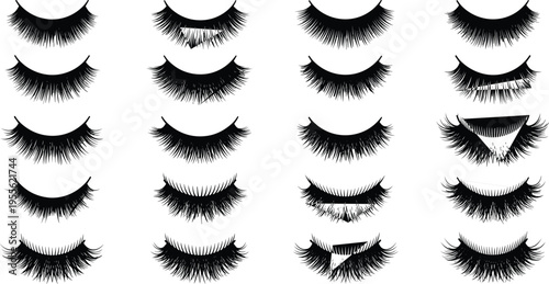 Collection of twenty false eyelash styles arranged in grid, showcasing natural, dramatic, voluminous, and curled designs for beauty, fashion, and cosmetic concepts