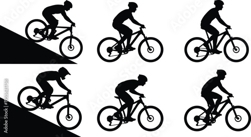 Mountain biker cycling silhouettes set riding downhill and trail biking with helmet extreme outdoor sport adventure concept