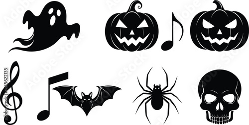 Black silhouette icons combining Halloween and musical elements including ghost, pumpkins, bat, spider, skull, and notes, perfect for spooky creative design, decoration, and stock purposes.