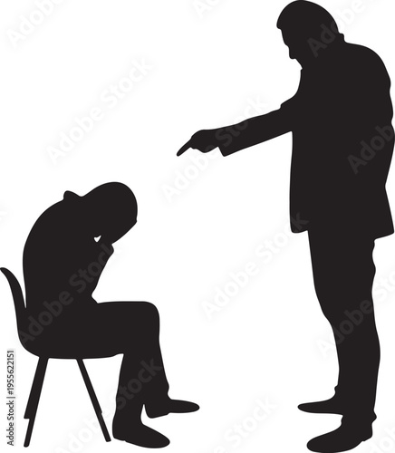 Silhouette of a man scolding or accusing another man sitting in a chair