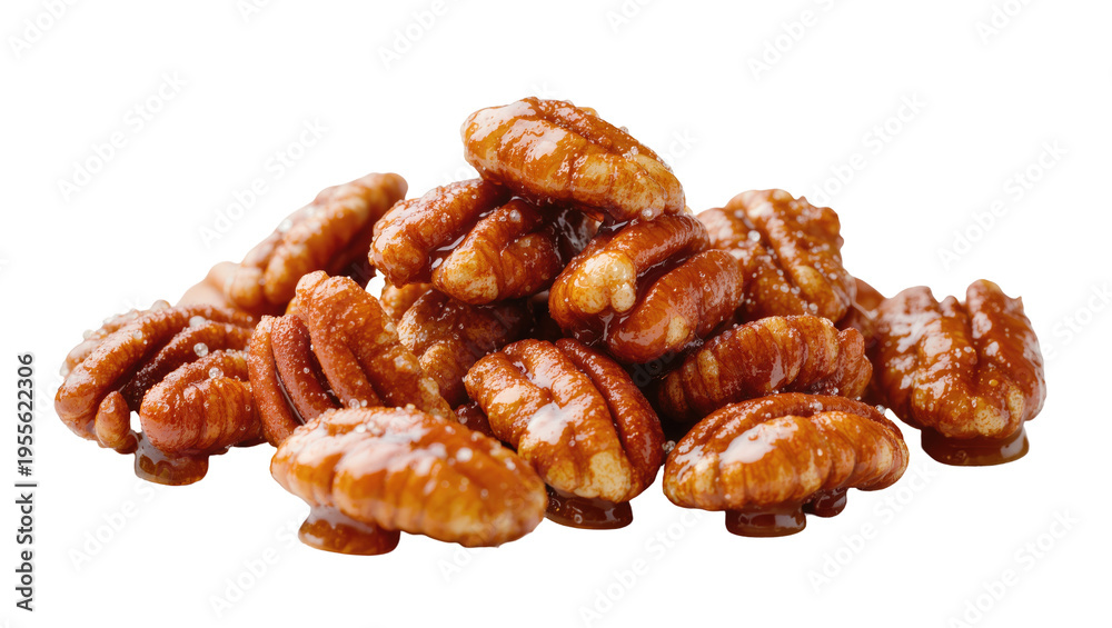 Obraz premium Isolated heap of candied pecans, glistening with sweet glaze, a perfect gourmet snack