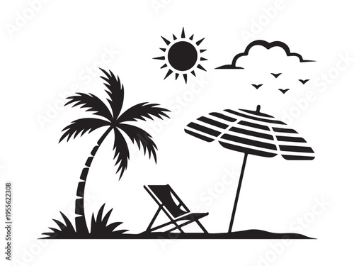 Summer beach scene with palm tree and beach umbrella