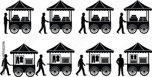 Street vendor cart silhouettes set with market stalls selling food and clothes mobile shop street market retail concept
